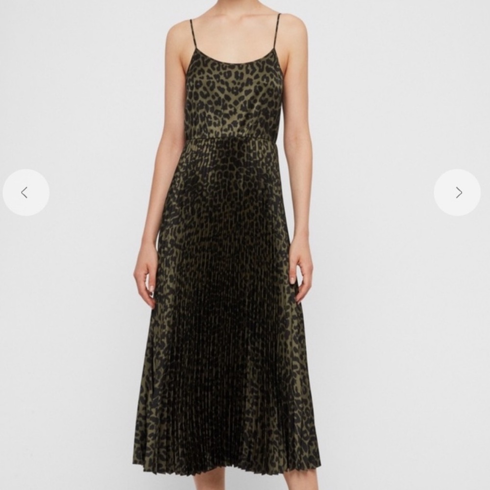 AllSaints Olive Green Leopard Leowa Pleated Slip Midi Dress